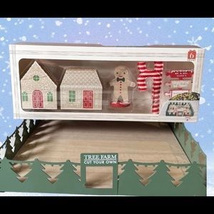 Gingerbread tiered tray props with tree farm display tray.